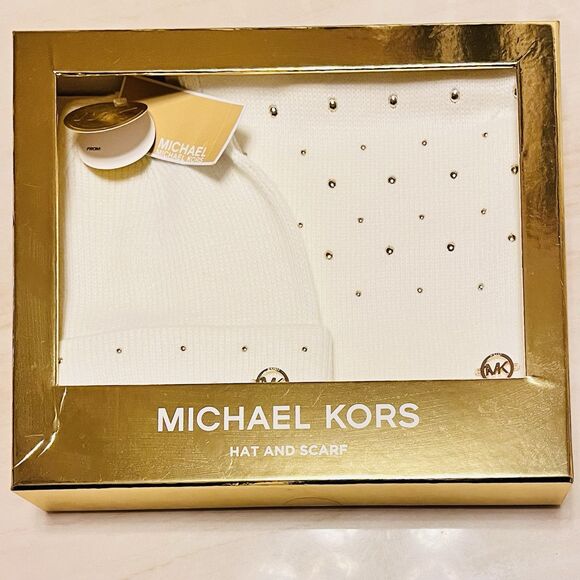 Michael Kors 2-Piece Hat & Scarf Set Ivory Studded in Gift Box Sealed - Picture 1 of 8